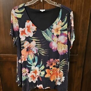 Avenue Orange and Purple Floral Short Sleeve Blouse